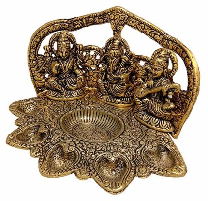 Efinito Metal Handmade Laxmi Ganesh Saraswati Idol Pooja Puja Thali for Worship Home Decor (Golden, 9 X 6 X 5 Inches)