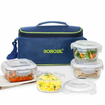 Efinito Klip n Store Universal Lunchbox | Set of 4 (320ml x 2 Square + 240ml x 2 Round), Efinitoicate Glass | Microwave & Dishwasher Safe, Leakproof | Tiffin for Office/School/College | Transparent