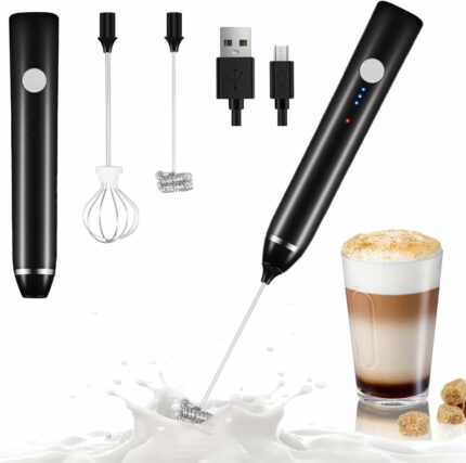 Efinito Rechargeable Handheld Milk Frother - 3-Speed Electric Foam Maker for Coffee with 2 Whisks and Coffee Decoration Tool, Coffee Frother Mixer, Stand-up Design, for Cream, Latte, Cappuccino
