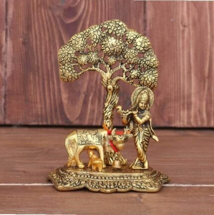 Efinito Metal Krishna with Cow Standing Under Tree Plying Flute Decorative Showpiece (Metal, Gold)