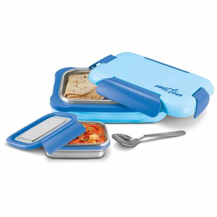 Efinito More Meal Large Steel Kids Lunch Box, Inner Stainless Steel Insulated Containers with Clip Lock Lid, 770ml & 175 ml, Airtight, Leakproof, for School & Picnic, Blue