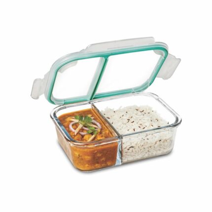 Efinito Slim High Microwave Safe Office Two Compartment Lunch Box Set | Borosilicate Glass | Safety Lock Airtight Tiffin Containers (600ml | Transparent)