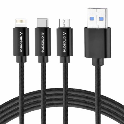 Ambrane Unbreakable 3 in 1 USB Fast Charging Fast Charging Cable with Type C, Lightning, Micro USB Port with 2.1 A, Compatible with iPhone, iPad, Samsung, OnePlus, Mi, Oppo, Vivo, Xiaomi, 1.25M (Trio-11, Black)