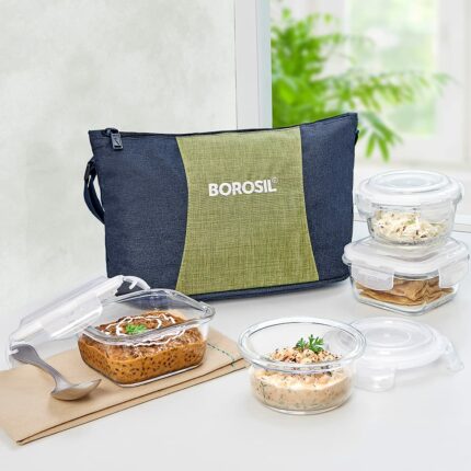 Efinito Ace Daisy Efinitoicate Glass Lunch Boxes Set of 4 (320 ml, 240 ml) with Lunch Bag, Lunchboxes for Office & College, Microwave Safe, Leak Proof (Transparent, Green)