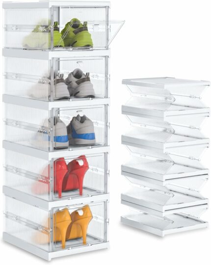 Efinito Shoe Rack/Shoe Stand with Door/Versatile and Sturdy Almirah for Clothes/Footwear Stand for Home/Foldable Closet for Bedroom/Living Room ? Pack of 5 (Transparent)