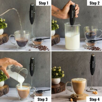 Efinito Milk Frother for Coffee, Handheld Battery-Operated Froth Coffee Beater, Electric Portable Foam Maker for Cappuccino, Automatic Hand Stirrer with Stainless Steel Egg Whisker and Stand