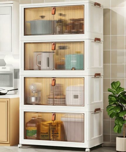 Efinito 4 Tier Stackable Plastic Storage Bins with Lid and Wheels - Closet Organizers & Storage Organizer for Cupboard Rack for Clothes/Shoes/Books/Toys/Snack for Bedroom/Hallway/Office - Beige
