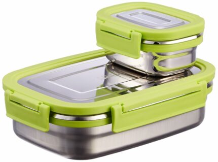 Efinito Craze Stainless Steel Tiffin Lunch Box Container/Dabba with 4 Side Clip Lock Lid for Office & School Use/Food Grade/Air Tight/Easy to Carry/Leak Proof(650ml 1pc + 140ml 1 Pc) Green