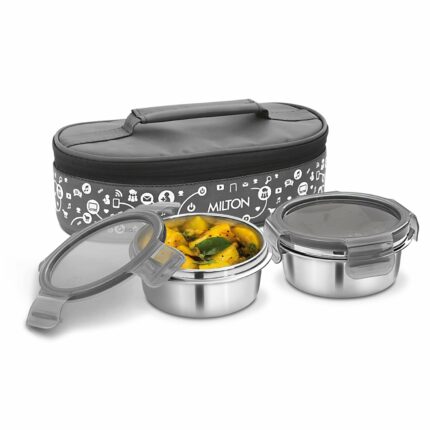Efinito Lifestyle Lunch Box with Insulated Jacket, 2 Stainless Steel Containers with Clip Lock Lid (300 ml Each), Leak-Proof Tiffin for Office, School, College, Grey