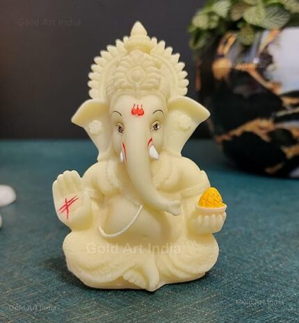 Efinito Ganesha for Car Dashboard Ganesh Statue Murti Ivory Finish Lord Ganpati Diwali Gifts Home Decor Figurine (Size: 3.5 x 2 inches) Ceramic