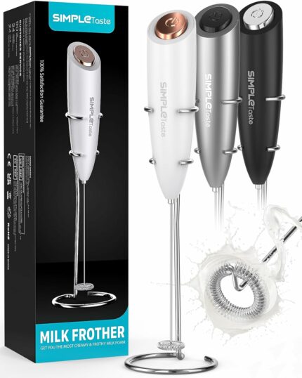 Efinito Electric Milk Frother with Stand, One Touch Handheld Whisk Batteries Powered Cappuccino Coffee Frother White, 1 Year Warranty