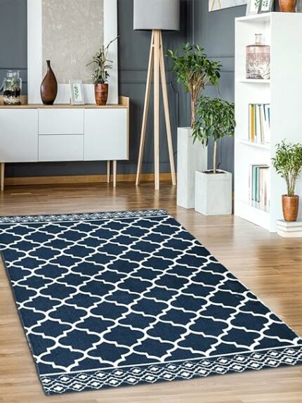 Efinito Cotton Multipurpose Handloom Printed Extra Large Floor Rug (Blue) (SWTW)