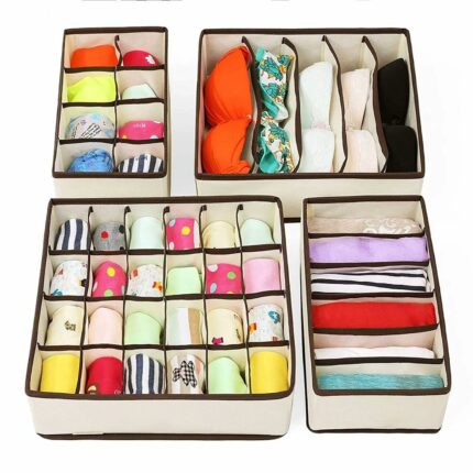 Efinito Non Woven Wardrobe Organizer For Clothes Drawer Organizer Cupboard Organizer Storage Box Drawer Divider For Innerwear,Clothing,Underwear,Bra,Socks,Tie,Etc(Set Of 4,Beige S1014)
