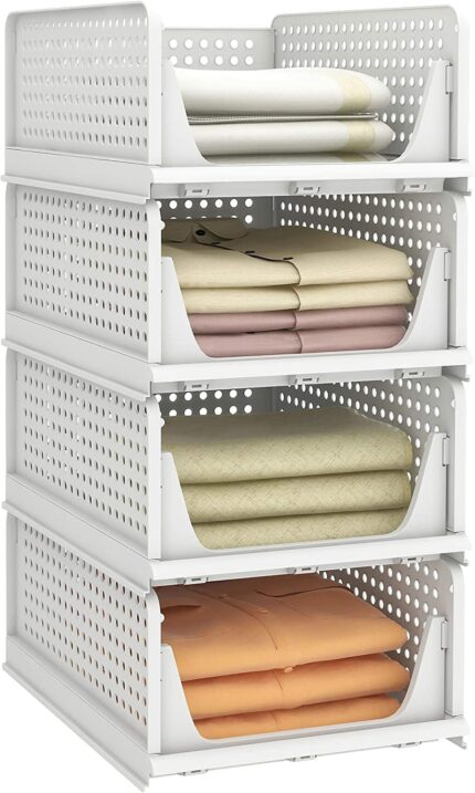 Efinito Big Size 4 Pieces Wardrobe Organizer for Storage/Polypropylene Foldable & Stackable Closet Basket/Cupboard Organizer for Clothes/Space Saver for Kitchen(White), Clothing