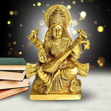Efinito Brass Lord Saraswati Statue, Standard, Golden, 1 Piece