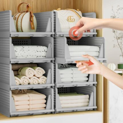 Efinito Polypropylene 6 Pieces Wardrobe Organizer for Storage/Foldable & Stackable Closet Basket/Cupboard Organizer for Clothes/Almirah Space Saver(Grey)