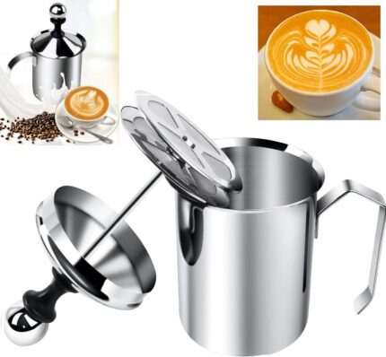 Efinito Stainless Steel Milk Frother Coffee Frother Blender-Manual Coffee Beater for Cappuccino-Foam Maker for Hot and Cold Coffee Milk with Double Froth Pump, Handle and Lid, Multicolor