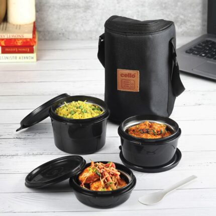 Efinito MF Click Lunch Box Set with Bag, 3 Containers, 300ml, Black | Tiffin Box Outer Plastic Inner Steel with Bag | Leakproof Lunch Boxes with Jacket | Ideal for Office, School, College
