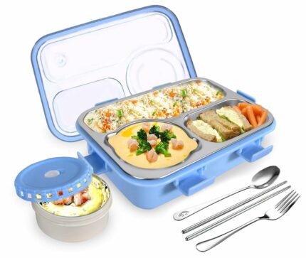 Efinito Lunch Box 3 Compartment Leak-Proof BPA Free Stainless Steel, Lunch Box for Kids, Lunch Box for School & Office with a Fork, a Spoon and a Pair of Chopsticks (Blue), 750 ml