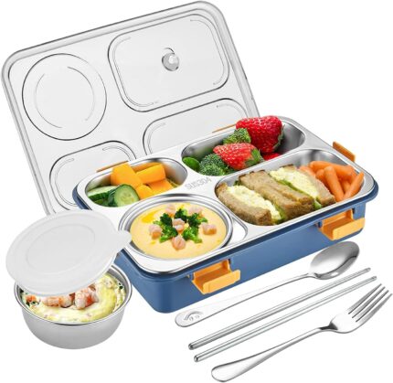 Efinito Conquer Lunch Boxes for Adults - Lunch Box for Kids with Spoon & Fork - Durable Perfect Size for On-The-Go Meal, BPA-Free and Food 4 Compartment Stainless Steel (4 Compartment, Blue), 1.3 Liters
