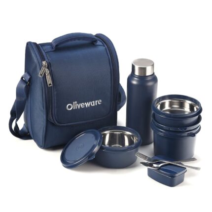 Efinito Teso Pro Lunch Box with Steel Cutlery, 3 Microwave Safe Inside Steel Containers with BPA free Lids(290ml, 450ml & 600ml), Plastic Pickle Box(130ml), Steel Water Bottle(750ml) - Blue