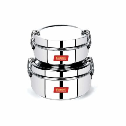 Efinito Stainless Steel Food Pack Lunch Box with Steel Separator Plate and Locking Clip, Set of 2Pc, 350ML & 500ML Capacity