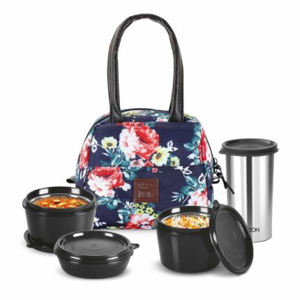 Efinito Floret Lunch Box with Insulated Fabric Jacket, 3 Microware Safe Inner Stainless Steel Containers 180ml, 320ml, 320ml &Tumbler with lid 415ml, Leakproof Tiffin for Office, College, Navy Blue