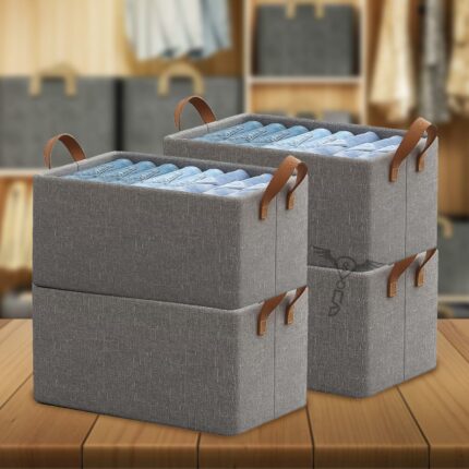 Efinito 4 Pieces Foldable Wardrobe Organizer with Durable Handle, Stuff Storage Box Closet Drawer Organizers for Clothes, Toys, Books, Blanket (Grey)