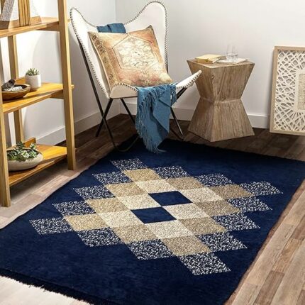 Efinito Premium Chenille Carpet | 500 GSM Velvet Carpet/Area Rug/Durries with Fine Gold Yarn for Living Room, Bedroom, Runner| Blue, 150x210 cm or 5x7 ft