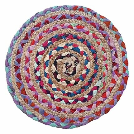 Efinito Handmade Round Braided Carpet Rug|Organic Natural Jute Placemat for Bedroom,Living Room,Dining Room,37x37 cm,(Multicolor)