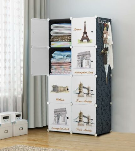 Efinito 8 Door Plastic Soft Sheet Wardrobe Storage Rack Closest Organizer For Clothes Kids Living Room Bedroom Small Accessories Black, 56 In, 28 In