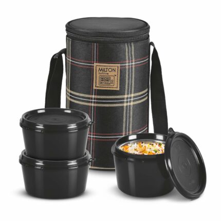 Efinito Lofty Lunch Box with Insulated Fabric Bag, Microwave Safe & Leak Proof, 3 Inner Steel Containers with BPA Free Lids (1 x 320 ml, 2 x 450 ml Each) for Office, School, College - Black