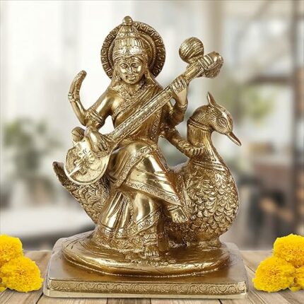 Efinito Brass Goddess Maa Saraswati Statue Sitting on Swan Education Study Vidya Devi Idol Spiritual Puja Murti (7 Inches 3 Kg)
