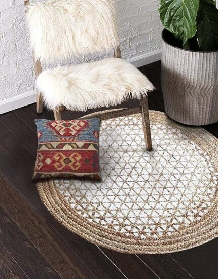 Efinito Hand Woven Area Rugs | Carpets for Living Room, Bedroom, Hall, Family Gatherings | Braided | Natural Jute Fibers | Home Decorators | 80cm Round | Mix of Beige, White
