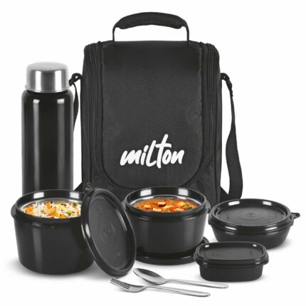 Efinito Pro Lunch Box with Steel Cutlery, 3 Microwave Safe Inner Steel Containers (180ml, 320ml, 450ml) Plastic Chutney Dabba 100ml, Steel Bottle 750ml with Insulated Bag, Office Tiffin, Black