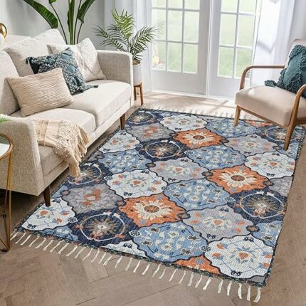 Efinito European Carpets for Living Room/Rugs for Living Room | Premium Dari/Dhurries | Soft Touch and Easy Washable. (Blue Persian, 2x3fts)