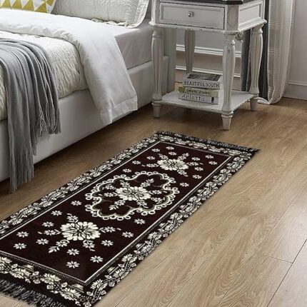 Efinito Velvet Anti Slip Bedside Runner (4 * 2 ft, Flower, Brown)