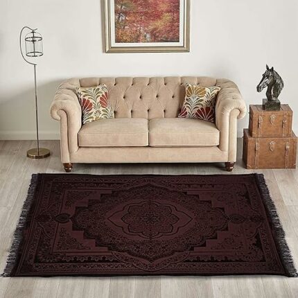 Efinito Carpet|Water Absorption Embossed Floral Pattern Floor Mat|Velvet Sitting Carpet for Hall, Living Room, 5x7 Feet (Brown)