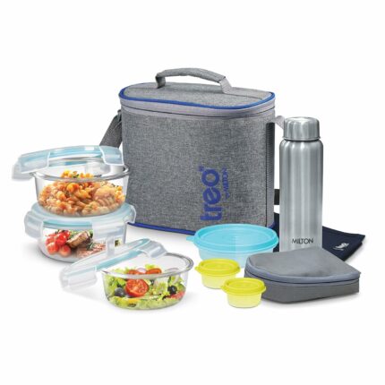 Efinito by Milton All Fresh Premier Glass Tiffin with Bag, Set of 8 (3 Containers, 400ml Each; 1 Steel Bottle, 750 ml; 2 - Pickle/Chutney Dabba, 30ml Each; 1 Salad/Papad Dabba, 200ml; 1 Dining Mat)