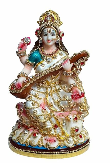 Efinito Saraswati Ji Murti | Goddess Saraswati Idol | Maa Sharda Murti | Maa Saraswati with decoration Decorative Showpiece & Idol (Pearl Colour). (H x W x D: 15cm X 10 cm X 5 cm),, Resin