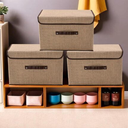 Efinito Industries Pack of 3 Drawer Organizer (Large) Foldable Clothes Storage Box | Jute Fabric | Cloth Organizer | Cupboard Organizer | Clothes Organiser for Wardrobe | Lid & Handle | Brown