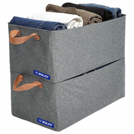 Efinito Pack of 2 Storage Organiser Box for Clothes with Steel Frame & Handle, Foldable Closet Basket for Wardrobe, Cupboard, Almirah Shelves, Home & Hostel Essentials for Boys Girls Jeans Cloth (Grey)