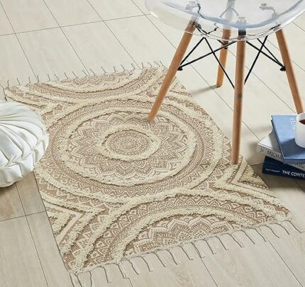 Efinito Printed Handmade Cotton Carpets | Rugs for Bedroom, Center Table, Living Room, Drawing Room, Hall | Machine Washable | 2? x 3? | Beige & Natural