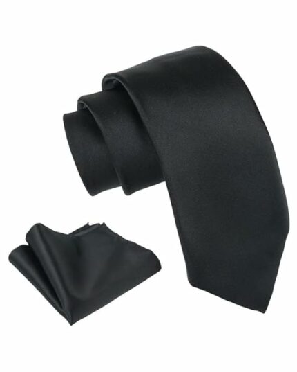 Bureaucrat Mens Tie Solid Color Plain Silk Satin Elegant Classy Colored Formal Necktie with Pocket Square Standard Slim Regular and Skinny Width for Office,Interview, Wedding Formal Dress (Black)