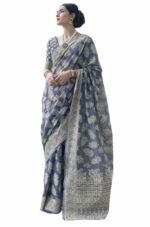 SWORNOF Women's Lucknowi Chikankari Linen cotton Woven Sarees For Women with Blouse sarees for Women - Image 2