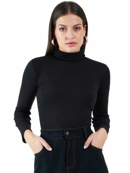 n.H.K.a. Women's Cotton Solid Turtleneck Ribbed Top | Long Sleeves Stretchy Fitted Top for Women | Knitted Pullover Western T-Shirt