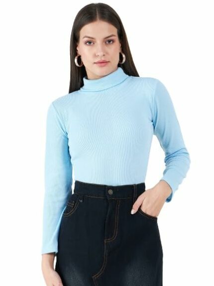 n.H.K.a. Women's Cotton Solid Turtleneck Ribbed Top | Long Sleeves Stretchy Fitted Top for Women | Knitted Pullover Western T-Shirt