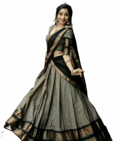 RENVAANI FASHION Women's Indian Traditional Unstitched Kanjivaram Kanchipuram Silk Pure Zari Weaving Lehenga Choli Along With Dupatta With Unstitch Blouse, Half Saree (HT_54) (silver black)