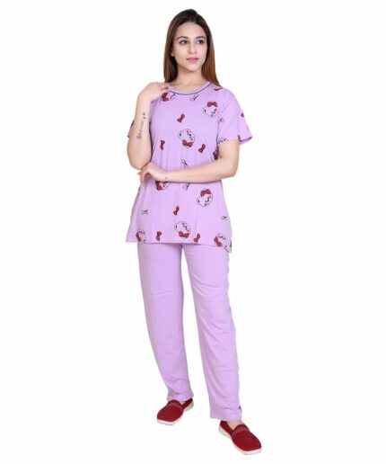 RG Summer Daily Night Wear Cotton Round Neck Printed Half Sleeve Top& Bottom For Women's