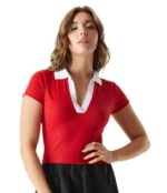 SIGHTBOMB Ribbed Contrast Polo Collar Tops for Women